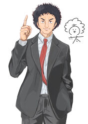 Rule 34 | 1boy, absurdres, afro, black eyes, black hair, black pants, facial hair, formal, highres, index finger raised, kitan (msgblr), looking at viewer, male focus, mustache, nanba mutta, necktie, pants, red necktie, simple background, standing, stubble, suit, uchuu kyoudai, white background