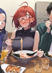 Rule 34 | 1boy, 2girls, 92m, absurdres, ahoge, alcohol, bare shoulders, beer, black sweater, blue eyes, blue hair, blue nails, blush, bralines, breasts, chopsticks, cup, dateko (92m), drinking glass, dumpling, food, full-face blush, glasses, grin, highres, holding, holding chopsticks, holding cup, holding spoon, jewelry, jiaozi, kinshi no ane (92m), large breasts, looking at another, multiple girls, nail polish, necklace, noodles, open mouth, original, pink eyes, ramen, red-framed eyewear, red hair, semi-rimless eyewear, sleeveless, sleeveless sweater, sleeveless turtleneck, smile, solo focus, spoon, sweater, swept bangs, turtleneck, upper body