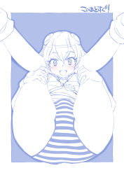 Rule 34 | 1girl, :d, blue theme, blush, commentary, crotch seam, fingerless gloves, gloves, hagoromo lala, hair ornament, highres, leg hold, legs up, looking at viewer, lying, miyagoe yoshitsuki, monochrome, no pants, on back, open mouth, panties, precure, shirt, short hair, smile, socks, solo, spot color, star-shaped pupils, star (symbol), star twinkle precure, striped clothes, striped panties, symbol-shaped pupils, translated, underwear