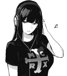 Rule 34 | 1girl, band shirt, black eyes, black hair, black shirt, blunt bangs, commentary, elbow, english commentary, eyebrows, greyscale, hand on own head, headphones, highres, listening to music, long hair, looking to the side, lynus, merchandise, monochrome, musical note, my chemical romance, naoko (lynus), open mouth, original, shirt, simple background, solo, straight hair, t-shirt, white background, wire