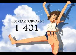 Rule 34 | 10s, 1girl, :d, akitetsu, armpits, arms up, bad id, bad twitter id, bare arms, bare legs, bare shoulders, barefoot, blue sky, blue one-piece swimsuit, blush, brown eyes, brown hair, clenched hands, cloud, contrail, day, feet, foot focus, full body, highres, i-401 (kancolle), kantai collection, letterboxed, one-piece swimsuit, open mouth, ponytail, raised fists, ribbon, round teeth, sailor collar, school swimsuit, school uniform, serafuku, shirt, short hair, sitting, sky, sleeveless, sleeveless shirt, smile, soles, solo, spread legs, swimsuit, tan, tanline, tareme, teeth, toes, white ribbon, white shirt