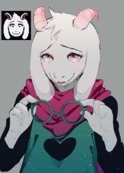 Rule 34 | 1boy, animal ears, bishounen, blush, coat, deltarune, eyebrows, eyelashes, fangs, feathers, furry, furry male, goat boy, goat ears, goat horns, green coat, grey background, heart, heart print, holding, holding removed eyewear, horns, long ears, looking at viewer, open mouth, pink eyes, pink horns, pink scarf, prince, ralsei, round eyewear, scarf, short, smile, solo, toboki, trap, unworn eyewear, white feathers