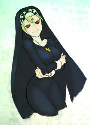 Rule 34 | blonde hair, breasts, cowboy shot, cross, cross necklace, crossed arms, curvy, double (skullgirls), ganno, habit, jewelry, large breasts, necklace, nun, red eyes, sketch, skin tight, skullgirls, smile