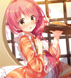 Rule 34 | 1girl, apron, blurry, blurry background, blush, brown eyes, brown kimono, cariboy, commentary request, depth of field, food, frilled apron, frills, hair between eyes, hair over shoulder, hands up, holding, holding tray, japanese clothes, kimono, kurama koharu, long hair, long sleeves, maid, open mouth, pink hair, plate, round window, senren banka, solo, tray, very long hair, wa maid, white apron, wide sleeves, window