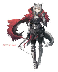 Rule 34 | 1girl, absurdres, alternate costume, alternate universe, animal ears, arknights, armor, armored boots, boots, cape, character name, closed mouth, commentary, dagger, english commentary, english text, franlol, gauntlets, grey eyes, grey hair, hand up, highres, holding, holding dagger, holding knife, holding weapon, knife, projekt red (arknights), red cape, solo, split, split mouth, tail, v-shaped eyebrows, walking, weapon, white background, wolf ears, wolf girl, wolf tail