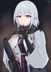 Rule 34 | 1girl, absurdres, blood, blood on clothes, blood on face, breasts, character name, commentary request, dated, girls&#039; frontline, gloves, gun, highres, light machine gun, long sleeves, looking at viewer, machine gun, parted lips, purple eyes, rpk-16, rpk-16 (girls&#039; frontline), ruoyun, short hair, signature, silver hair, smile, solo, tactical clothes, upper body, weapon