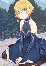 Rule 34 | 1girl, :t, angry, bad id, bad pixiv id, bandaid, bare shoulders, between legs, black pantyhose, blonde hair, blue dress, bow, breasts, choker, cleavage, detached sleeves, dress, green eyes, halterneck, high heels, medium breasts, pantyhose, pinstripe pattern, see-through, shoes, short hair, sitting, solo, ssberit, striped, sword girls, tears, torn clothes, torn pantyhose