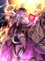 Rule 34 | 1girl, book, breasts, cape, company name, copyright name, fire emblem, fire emblem cipher, flower, gat (korean traditional hat), grin, holding, holding book, holding flower, horse, horseback riding, kousei horiguchi, long hair, nintendo, official art, open book, poe (fire emblem), purple eyes, purple hair, riding, smile, solo, thighhighs, volcano