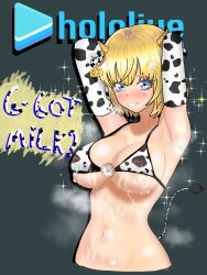 Rule 34 | 1girl, animal ears, animal print, armpit crease, armpit stubble, armpits, arms behind head, arms up, belly, bikini, bikini top only, blonde hair, blue eyes, blush, breasts, clock, company name, cow ears, cow horns, cow print, cow print bikini, cow tail, cowgirl outfit, ear tag, eddarxart, elbow gloves, english text, gear hair ornament, gloves, grin, hair ornament, hololive, hololive english, holomyth, horns, lactation, lactation through clothes, large breasts, looking at viewer, navel, navel piercing, one eye closed, piercing, print bikini, short hair, sideboob, smile, solo, solo focus, steaming body, swimsuit, tail, underboob, virtual youtuber, watson amelia