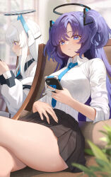 Rule 34 | 2girls, absurdres, black skirt, blue archive, blush, cellphone, closed mouth, collared shirt, grey hair, halo, highres, holding, holding phone, long hair, long sleeves, mechanical halo, multiple girls, noa (blue archive), phone, pleated skirt, purple eyes, purple hair, rega, shirt, sitting, skirt, smartphone, two side up, white shirt, yuuka (blue archive)