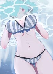 Rule 34 | 1girl, artist request, bikini, blue hair, bow, breasts, female focus, fire emblem, fire emblem fates, hair over one eye, hair ribbon, large breasts, navel, nintendo, peri (fire emblem), red eyes, ribbon, solo, source request, striped bikini, striped clothes, swimsuit, thighs, underwater, water