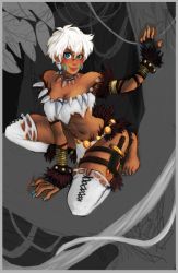 Rule 34 | 1girl, abs, alternate costume, ashley ann swaby, bare shoulders, blue eyes, blue nails, colorized, dagger, dark-skinned female, dark skin, detached leggings, elena (street fighter), facepaint, fingerless gloves, fur trim, gloves, in tree, jewelry, knife, lips, loincloth, lots of jewelry, midriff, nail polish, navel, necklace, on one knee, short hair, smile, solo, squatting, strapless, street fighter, street fighter iv (series), toenail polish, toenails, tree, tribal, tube top, weapon, white hair