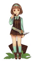 Rule 34 | alternate costume, androgynous, bad id, bad tumblr id, blunt bangs, bow, bowtie, brown eyes, brown hair, buttons, chara (undertale), character name, chocolate, emblem, full body, gender request, green shirt, green socks, hairband, kneehighs, knife, leaf, llicornia, long sleeves, mint, open mouth, overalls, reverse grip, ribbon, shirt, simple background, socks, solo, spoilers, standing, striped, striped bow, undertale, white background