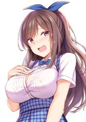 Rule 34 | 1girl, apron, blue bow, blue bowtie, blue ribbon, blush stickers, bow, bowtie, breasts, brown hair, cai geng, covered erect nipples, gingham apron, hair ribbon, highres, idolmaster, idolmaster cinderella girls, large breasts, long hair, nervous smile, open mouth, pink eyes, ribbon, shirt, short sleeves, simple background, smile, solo, tsukioka kogane, upper body, white background, white shirt