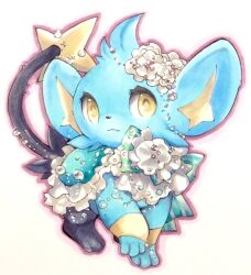 Rule 34 | :3, animal focus, aqua capelet, bow, bowtie, capelet, closed mouth, clothed pokemon, creatures (company), flower, frilled capelet, frills, full body, game freak, gen 4 pokemon, green bow, green bowtie, hair flower, hair ornament, highres, looking at viewer, mofu (moffuri sippo), nintendo, no humans, outline, pokemon, pokemon (creature), red outline, shinx, simple background, solo, standing, striped bow, striped bowtie, striped clothes, traditional media, white background, white flower, yellow eyes