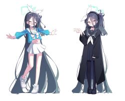 Rule 34 | &lt;key&gt; (blue archive), 2girls, 525 woiwo, absurdly long hair, absurdres, aris (blue archive), arona (blue archive), arona (blue archive) (cosplay), black choker, black coat, black footwear, black hair, black hairband, black pantyhose, black sailor collar, black serafuku, blue archive, blush, choker, closed eyes, closed mouth, coat, cosplay, full body, green halo, hairband, halo, highres, long hair, long sleeves, looking at viewer, multiple girls, navel, neckerchief, one side up, open clothes, open coat, open mouth, outstretched arms, pantyhose, plana (blue archive), plana (blue archive) (cosplay), pleated skirt, red eyes, ringed eyes, sailor collar, school uniform, serafuku, shoes, simple background, skirt, smile, spread arms, very long hair, white background, white choker, white footwear, white neckerchief, white sailor collar, white skirt