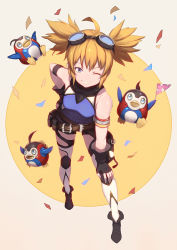 Rule 34 | 10s, 1girl, ahoge, animal, ankle boots, armband, armlet, belt, belt buckle, belt pouch, bird, black footwear, black gloves, blonde hair, blue eyes, boots, breasts, buckle, circle, confetti, fingerless gloves, flag, full body, gloves, goggles, goggles on head, granblue fantasy, grin, hand on own hip, hand on own knee, holding, knee pads, leaning forward, legs apart, looking at viewer, one eye closed, othel (hatimorris), pengie, penguin, pouch, short twintails, sidelocks, sleeveless, small breasts, smile, twintails, white legwear