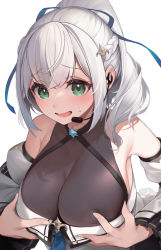 Rule 34 | 1girl, blush, braid, breast press, breasts, cleavage, covered collarbone, detached sleeves, dokkumaa, dress, green eyes, grey hair, hair ornament, highres, hololive, large breasts, long hair, looking at viewer, microphone, off-shoulder dress, off shoulder, open mouth, see-through, see-through cleavage, shirogane noel, shirogane noel (5th costume), solo, swimsuit, virtual youtuber, white background, white dress