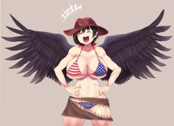 Rule 34 | +++, 1girl, american flag bikini, american flag swimsuit, bikini, black hair, black wings, blush, breasts, brown hat, cleavage, closed eyes, collarbone, commentary request, cowboy hat, eyelashes, feathered wings, fingernails, flag print, gomeifuku, grey background, hands on own hips, hat, highres, kurokoma saki, laughing, muscular, muscular female, navel, open mouth, pegasus wings, solo, standing, stomach, swimsuit, thick thighs, thighs, toned, touhou, wings