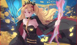 Rule 34 | 1girl, asymmetrical sleeves, black cape, black leotard, black sleeves, blonde hair, blurry, blurry background, bow, breasts, cape, cleavage, closed mouth, detached sleeves, diadem, ereshkigal (fate), fate/grand order, fate (series), floating hair, fur-trimmed cape, fur trim, hair bow, hair intakes, highres, holding, leotard, long hair, long sleeves, medium breasts, nail polish, petals, red bow, red eyes, red nails, single sleeve, smile, solo, standing, striped clothes, striped leotard, twintails, uneven sleeves, very long hair, xinweikun