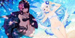 Rule 34 | 2girls, :d, achiki, arm up, armpits, bad id, bad twitter id, bare arms, bare shoulders, bat wings, beach, bikini, black bikini, black hair, blue eyes, blue flower, blurry, breasts, collarbone, feathered wings, flower, hair flower, hair ornament, hair over one eye, long hair, looking at viewer, lying, medium breasts, multiple girls, navel, on back, open mouth, original, parted lips, pink eyes, pink flower, purple flower, sarong, see-through, sidelocks, sitting, small breasts, smile, stomach, swimsuit, thigh gap, thighs, two side up, v arms, water, white bikini, white hair, wings