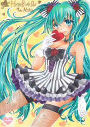 Rule 34 | 1girl, aqua eyes, breasts, character name, cleavage, fishnet thighhighs, fishnets, flower, gloves, green eyes, hair flower, hair ornament, happy birthday, hatsune miku, heart, highres, jewelry, long hair, maccha xxxxxx, marker (medium), necklace, pearl necklace, skirt, solo, thighhighs, traditional media, twintails, very long hair, vocaloid