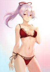 Rule 34 | 1girl, absurdres, bra, breasts, closed mouth, contrapposto, cowboy shot, crossed bangs, fate/grand order, fate (series), gradient background, hair between eyes, hair ribbon, hand on own chest, high ponytail, highleg, highleg panties, highres, lace, lace-trimmed bra, lace trim, long hair, mashuu (neko no oyashiro), navel, o-ring, o-ring bottom, o-ring panties, o-ring top, panties, ponytail, red bra, red hair, red panties, ribbon, scan, side-tie panties, silver hair, simple background, skindentation, small breasts, smile, solo, stomach, string panties, third-party source, tomoe gozen (fate), underwear, underwear only