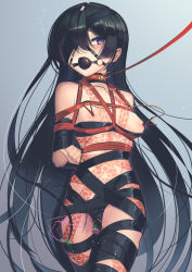 Rule 34 | 1girl, absurdres, arms behind back, ball gag, bdsm, black hair, bondage, bound, breasts, collar, eyepatch, fate/grand order, fate (series), gag, gagged, harness gag, highres, kaddo, leash, long hair, mochizuki chiyome (fate), nipple clamps, purple eyes, rope, sex toy, shibari, small breasts, snake tattoo, solo, tattoo, very long hair, vibrator, viewer holding leash