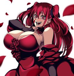 Rule 34 | 1girl, aka noju, bare shoulders, blood, blood on face, blush, breasts, cleavage, collarbone, commentary request, crazy smile, dress, elbow gloves, falling petals, flower, gloves, grin, hair between eyes, hands on own breasts, highres, hz (666v), jewelry, large breasts, long hair, looking at viewer, necklace, original, petals, pointing, pointing at self, red dress, red eyes, red hair, rose, rose petals, smile, twintails, white background