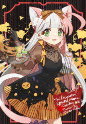 Rule 34 | 1girl, animal ear fluff, animal ears, black dress, black hat, breasts, brown shirt, cat ears, cat girl, cat tail, commentary request, dress, fang, green eyes, halloween, hat, holding, holding tray, jack-o&#039;-lantern, juliet sleeves, long hair, long sleeves, looking at viewer, multicolored hair, open mouth, original, pink hair, puffy sleeves, shadowsinking, shirt, silver hair, sleeveless, sleeveless dress, small breasts, solo, striped background, striped clothes, striped dress, tail, teapot, tray, two-tone hair, vertical-striped clothes, vertical-striped dress, very long hair, witch hat, yellow dress