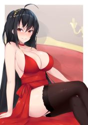 Rule 34 | 1girl, ahoge, arm support, azur lane, bare arms, black hair, black thighhighs, blush, breasts, choker, cleavage, collarbone, crossed legs, dress, garter straps, grin, hair ornament, highres, kuavera, large breasts, long hair, looking at viewer, official alternate costume, parted lips, red choker, red dress, red eyes, sitting, smile, solo, straight hair, strap gap, taihou (azur lane), taihou (forbidden feast) (azur lane), thighhighs, very long hair