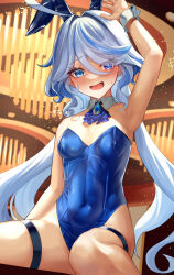 Rule 34 | 1girl, :d, absurdres, ahoge, animal ears, arm up, armpits, ascot, bare arms, bare shoulders, blue ascot, blue eyes, blue hair, blue leotard, blush, breasts, brooch, commentary request, covered navel, detached collar, fake animal ears, furina (genshin impact), genshin impact, hair intakes, highres, jewelry, leotard, long hair, looking at viewer, open mouth, playboy bunny, rabbit ears, small breasts, smile, solo, strapless, strapless leotard, very long hair, white-paka, wrist cuffs