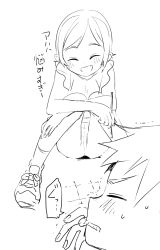 Rule 34 | 1boy, 1girl, :d, blush, child, clenched teeth, crotch seam, closed eyes, fang, highres, monochrome, open mouth, original, pants, satsuyo, shoes, short hair, sitting, smile, teeth, tic-tac-toe, yoga pants