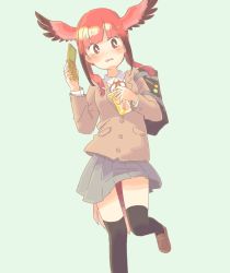 Rule 34 | 10s, 1girl, absurdres, alternate costume, bag, bird tail, bird wings, black hair, blush, cellphone, collared shirt, commentary request, drink, flip phone, hair ornament, hairclip, hasu (zatsugami), head wings, highres, jacket, kemono friends, loafers, long sleeves, neck ribbon, phone, pleated skirt, red eyes, red hair, ribbon, scarlet ibis (kemono friends), school bag, school uniform, shirt, shoes, short hair, sidelocks, skirt, solo, standing, standing on one leg, tail, thighhighs, twintails, wings, zettai ryouiki
