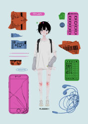 Rule 34 | 1girl, absurdres, arm warmers, backpack, bag, bandages, bandaid, bandaid on face, bandaid on knee, bandaid on leg, barcode, bleeding, blister pack, blood, bloody bandages, blunt bangs, bottle, broken screen, cellphone, closed mouth, coin, commentary, earbuds, earphones, english commentary, english text, equipment layout, expressionless, full body, gauze on cheek, gauze on leg, grey arm warmers, grey background, grey eyes, highres, holding, holding bottle, looking at viewer, no pants, nosebleed, original, phone, pill, pixelated, plastic bottle, receipt, scraped knee, shirt, shoes, short hair, short sleeves, shoulder strap, simple background, single loose sock, smartphone, sneakers, solo, standing, toothpick, uotak, white footwear, white shirt