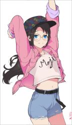 Rule 34 | 1girl, absurdres, arms up, artist name, baseball cap, belt, black belt, black hair, blue eyes, blush, breasts, collarbone, dated, denim, denim shorts, glasses, hat, highres, idolmaster, idolmaster shiny colors, jacket, long hair, long sleeves, looking at viewer, midriff, midriff peek, mitsumine yuika, navel, open clothes, open jacket, open mouth, pink jacket, print shirt, shirt, shorts, signature, simple background, small breasts, smile, solo, torn clothes, torn shorts, white background, white shirt, ywr