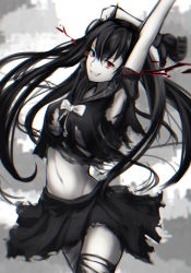 Rule 34 | 1girl, black gloves, black hair, black shirt, black skirt, black thighhighs, bow, bowtie, breasts, feet out of frame, girls&#039; frontline, gloves, grey background, hands up, highres, lodbyy, long hair, looking at viewer, medium breasts, navel, ouroboros (girls&#039; frontline), red eyes, shirt, simple background, skirt, smile, solo, standing, thighhighs, torn clothes, torn shirt, torn skirt, torn thighhighs, white bow, white bowtie