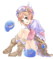 Rule 34 | 1girl, atelier (series), atelier rorona, bad id, bad pixiv id, blue eyes, boots, hat, hat feather, jewelry, miyama leaves, necklace, orange hair, pink hat, puni (atelier), rororina fryxell, sitting, slime (creature), smile, solo