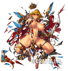 Rule 34 | &gt;:(, 1girl, angry, armor, bare shoulders, barefoot, blonde hair, blush, breasts, broken, broken armor, broken sword, broken weapon, cape, chloris garden, clenched teeth, convenient censoring, crown, exploding clothes, frown, full body, holding, holding sword, holding weapon, large breasts, looking at viewer, melon22, navel, nose blush, official art, red eyes, shiny skin, solo, stomach, sword, teeth, torn cape, torn clothes, unworn crown, v-shaped eyebrows, vambraces, weapon, white background