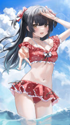 Rule 34 | 1girl, :d, absurdres, arm up, bare shoulders, bikini, bikini skirt, black hair, blue sky, blush, bow, bracelet, breasts, brown eyes, cloud, cloudy sky, cowboy shot, day, fang, frilled bikini, frills, gyaru v, hair bow, heart, heart print, highres, idolmaster, idolmaster shiny colors, jewelry, lens flare, long hair, looking at viewer, mayuzumi fuyuko, navel, ocean, off-shoulder bikini, off shoulder, open mouth, outdoors, print bikini, red bikini, riko (rik0ring), skin fang, sky, small breasts, smile, solo, swimsuit, thigh gap, thighs, two side up, v, very long hair, wading, water, water drop