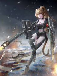 Rule 34 | 1girl, animal ears, blonde hair, breasts, cangkong, cat ears, cat tail, cleavage, gun, highres, muzzle device, night, original, shield, short shorts, shorts, snow, solo, tail, thighhighs, weapon, yellow eyes