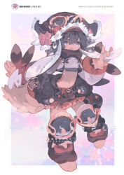 Rule 34 | 1boy, 1girl, animal paws, black hair, blue eyes, blush, boots, coat, dark-skinned male, dark skin, flat chest, full body, gloves, goggles, goggles on head, hat, hood, multicolored background, navel, open mouth, original, paw shoes, salute, shorts, smile, urakata (uracata), winter clothes