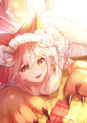 Rule 34 | 1girl, animal ear fluff, animal ears, animal hands, apron, bare shoulders, bell, blush, breasts, cat hair ornament, cat paws, claws, cleavage, collar, collarbone, dolce (dolsuke), fangs, fate/extra, fate/grand order, fate (series), fox ears, fox girl, fox tail, frills, gloves, hair between eyes, hair ornament, highres, jingle bell, large breasts, long hair, looking at viewer, lying, maid headdress, naked apron, neck bell, open mouth, paw gloves, pink hair, ponytail, sidelocks, smile, solo, sunlight, tail, tamamo (fate), tamamo cat (fate), tamamo cat (third ascension) (fate), thighs, unworn collar