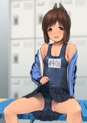 Rule 34 | 10s, 1girl, blush, breasts, brown eyes, brown hair, clothes lift, hair ornament, hairclip, i-401 (kancolle), indoors, jacket, kantai collection, locker, locker room, name tag, old school swimsuit, one-piece swimsuit, open mouth, ponytail, school swimsuit, shiden (sashimi no wife), shiny clothes, short hair, sitting, skirt, skirt lift, small breasts, solo, spread legs, swimsuit, swimsuit under clothes, tan, tanline