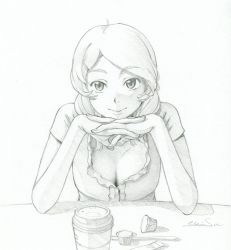 Rule 34 | 1girl, :&gt;, artist name, breasts, cleavage, closed mouth, coffee cup, commentary request, creamer packet, cup, disposable cup, eiri su, head rest, interlocked fingers, looking away, medium breasts, monochrome, original, shirt, short sleeves, signature, sketch, solo, swept bangs