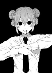 Rule 34 | 1girl, 4shi, bags under eyes, chainsaw man, cosplay, dango-chan (4shi), double bun, dress shirt, drooling, greyscale, hair between eyes, hair bun, highres, hollow eyes, hollow mouth, long sleeves, looking at viewer, makima (chainsaw man), makima (chainsaw man) (cosplay), monochrome, mouth drool, necktie, original, own hands together, palms together, parody, shirt, short hair, sidelocks, simple background, smile, solo, upper body, upturned eyes