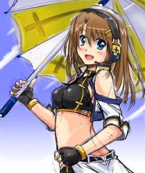 Rule 34 | 1girl, bare shoulders, black gloves, blue eyes, blush, breasts, brown hair, fingerless gloves, gloves, hair ornament, hairclip, headphones, large breasts, looking at viewer, lyrical nanoha, mahou shoujo lyrical nanoha strikers, midriff, open mouth, race queen, san-pon, short hair, sideboob, sketch, sky, smile, solo, umbrella, upper body, yagami hayate