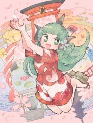 Rule 34 | 1girl, animal ears, architecture, bell, bridge, cherry blossom print, cherry blossoms, commentary request, curly hair, east asian architecture, egasumi, floral print, flower, full body, geta, green eyes, green hair, hands up, highres, horns, itomugi-kun, jingle bell, kariyushi shirt, komano aunn, lily pad, long hair, looking at viewer, lotus, open mouth, petals, pink background, red shirt, ripples, rope, shimenawa, shirt, short sleeves, shorts, shrine bell, single horn, smile, solo, torii, touhou, tower, water, white shorts