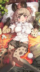 Rule 34 | 1girl, :d, absurdres, animal ear fluff, animal ears, animal print, arm rest, black eyes, black gloves, black hair, black shorts, blush, breast pocket, breasts, brown hair, buttons, cutoffs, extra ears, feet out of frame, flower, from above, fur scarf, gloves, hands up, head on pillow, highres, hyena ears, hyena girl, hyena tail, impossible clothes, impossible shirt, indoors, kemono friends, knees together feet apart, layered sleeves, light brown hair, long hair, long sleeves, looking at viewer, lying, medium breasts, melaton, multicolored hair, on back, open clothes, open fly, open mouth, open shorts, pantyhose, pantyhose under shorts, pillow, pocket, print pantyhose, print sleeves, scarf, shirt, short over long sleeves, short shorts, short sleeves, shorts, smile, solo, spotted hyena (kemono friends), spotted tail, tail, unaligned breasts, unbuttoned, white shirt, yarn, yarn ball