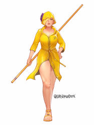 Rule 34 | 1girl, bare legs, bathrobe, belt, blonde hair, breasts, cleavage, commentary, english commentary, falke (street fighter), flower, full body, green eyes, hair over one eye, hand on own hip, hat, hat flower, highres, holding, holding staff, holding weapon, large breasts, lips, nose, official alternate costume, parted lips, purple flower, quasimodox, sandals, short hair, solo, staff, street fighter, street fighter v, thighs, toenails, toes, walking, weapon, yellow hat